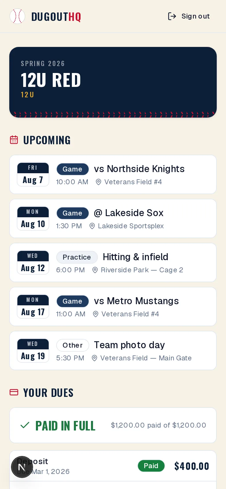 The DugoutHQ family homepage on a phone: a parent's dues balance and their next few games.